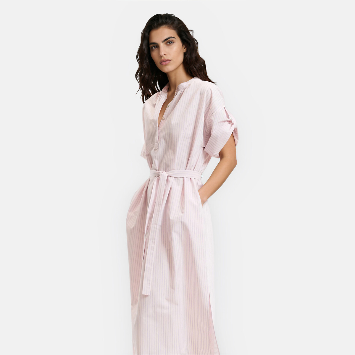 Robe longue rayée en coton lin, manches 3/4 rose rayé, LA REDOUTE COLLECTIONS