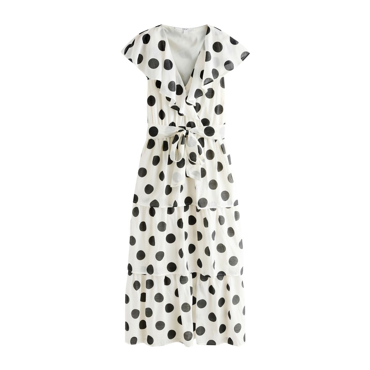 Robe midi de cérémonie à col v et volants crème et noir à pois, NEXT