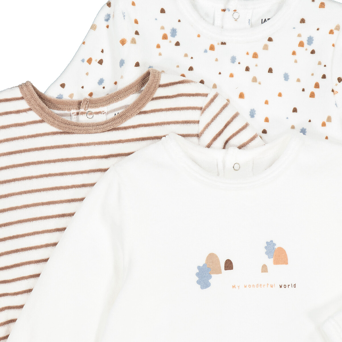 Lot de 3 pyjamas 1 pièce en velours imprimés ecru/imprimé, LA REDOUTE COLLECTIONS