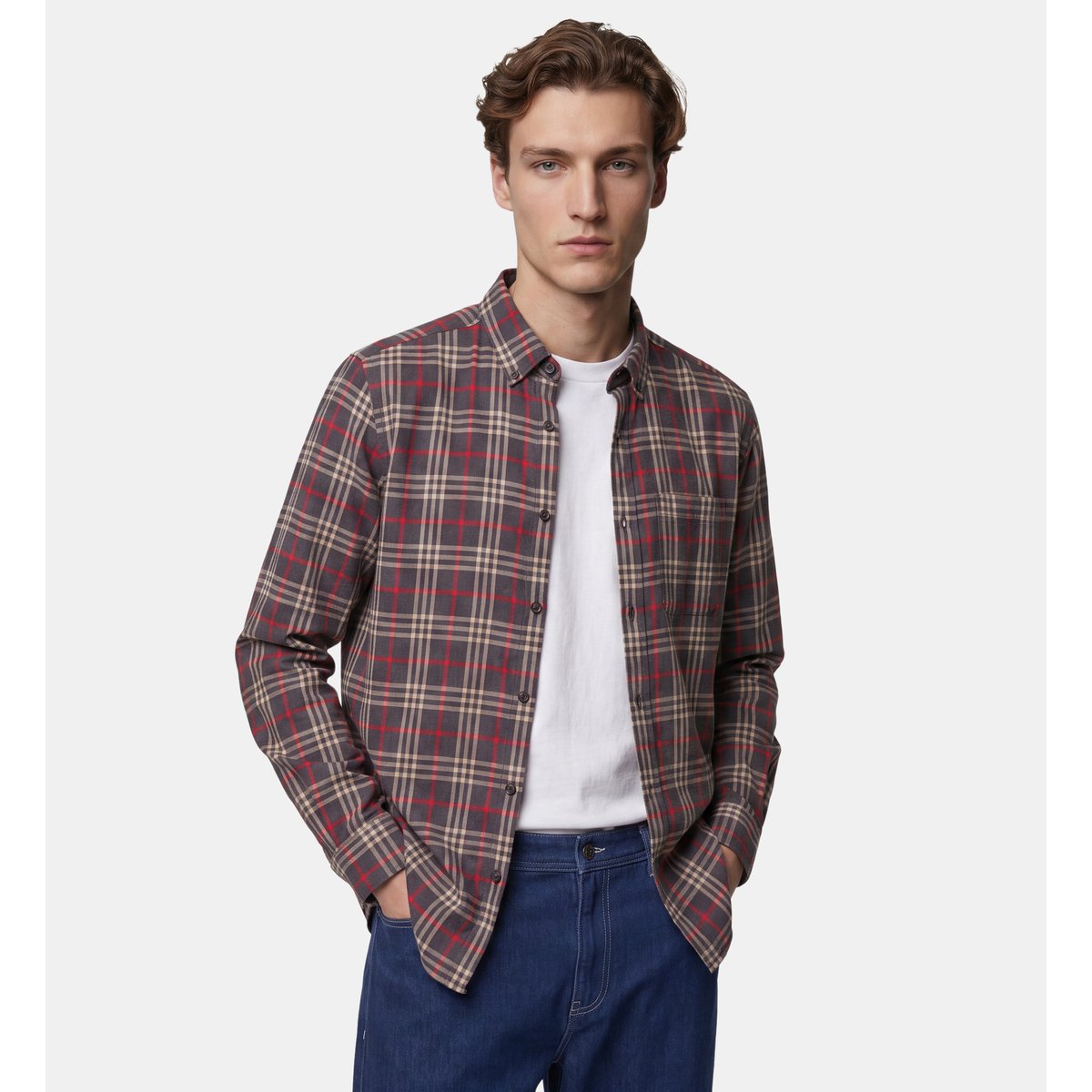 Chemise droite tisharo 1 coton gris et rouge, GALERIES LAFAYETTE