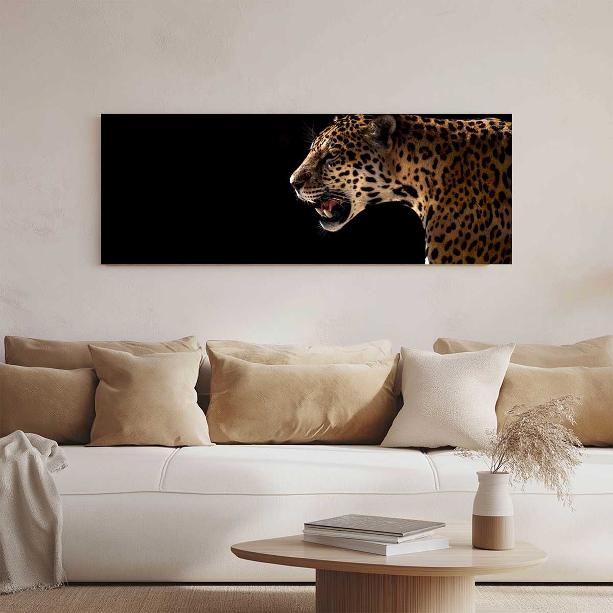 Tableau panoramique léopard sauvage fond noir art animalier toile imprimée, HEXOA