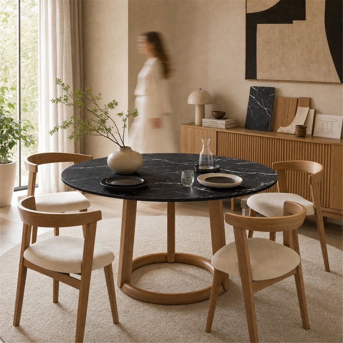 Table à manger ronde en chêne et plateau marbre naturel et noir, RECOLLECTION