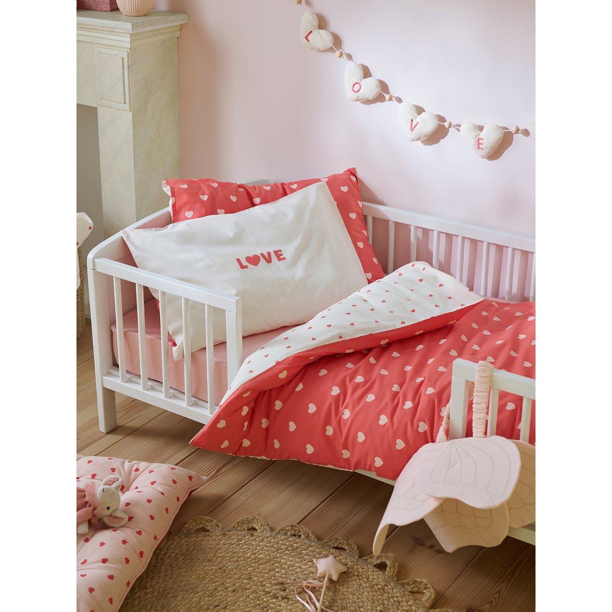 Parure housse de couette + taie d'oreiller MON CŒUR rose imprimé, VERTBAUDET