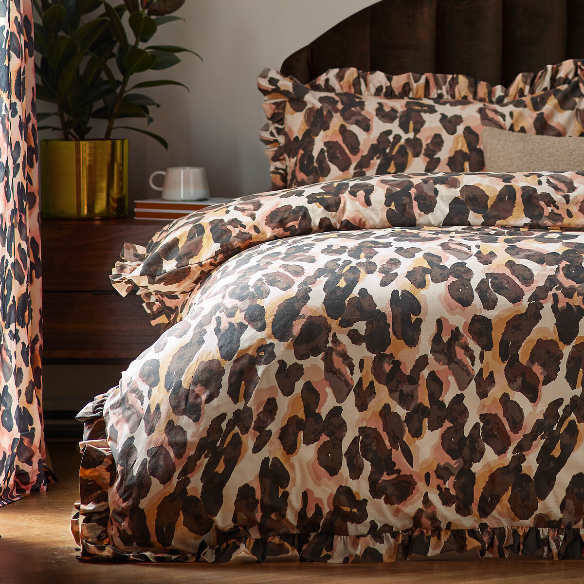 Leopard Printed Frill Trim Duvet Cover and Pillowcase Set multi-coloured, FURN.