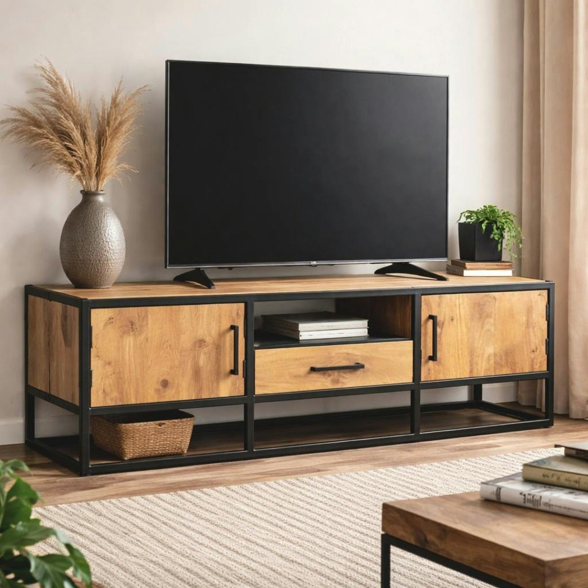 Meuble TV en bois clair 2 portes 1 tiroir 180 cm RIVANO bois naturel, PIER IMPORT
