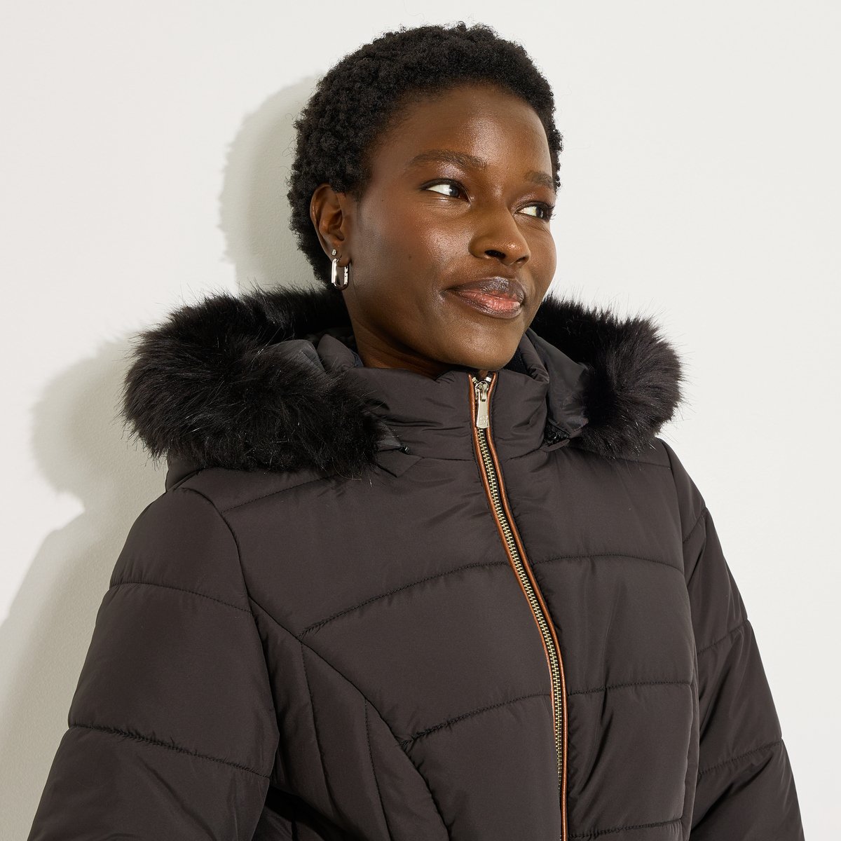 Doudoune mi-longue chaude capuche noir, GRAIN DE MALICE