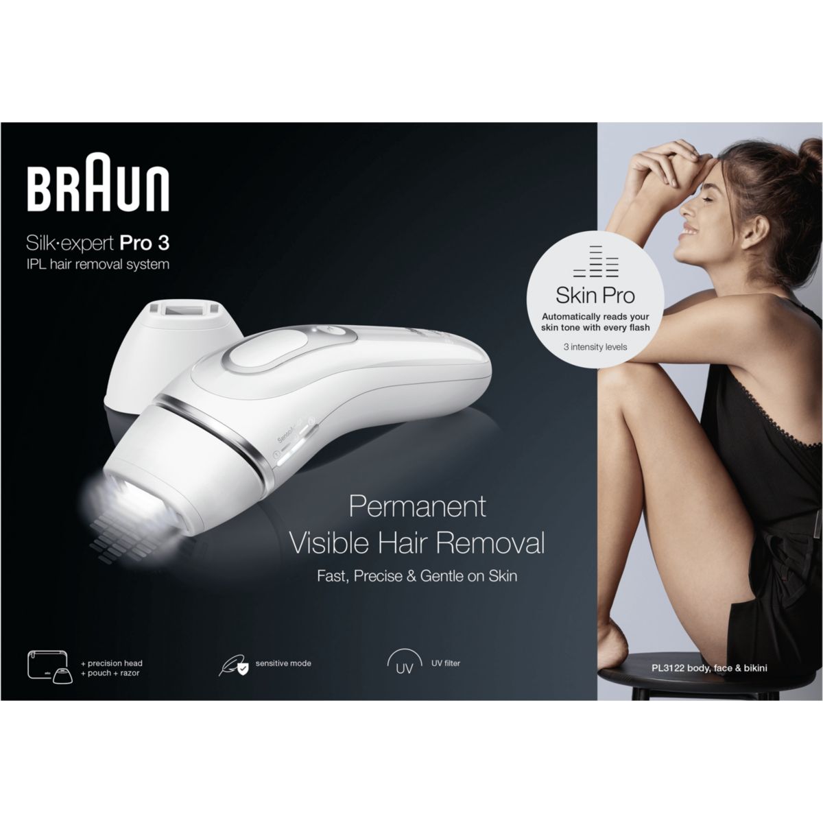 Epilateur lumière pulsée IPL PL3122 Silk-expert pro 3, 2 têtes, 1 rasoir Gillette Venus, pochette blanc, BRAUN