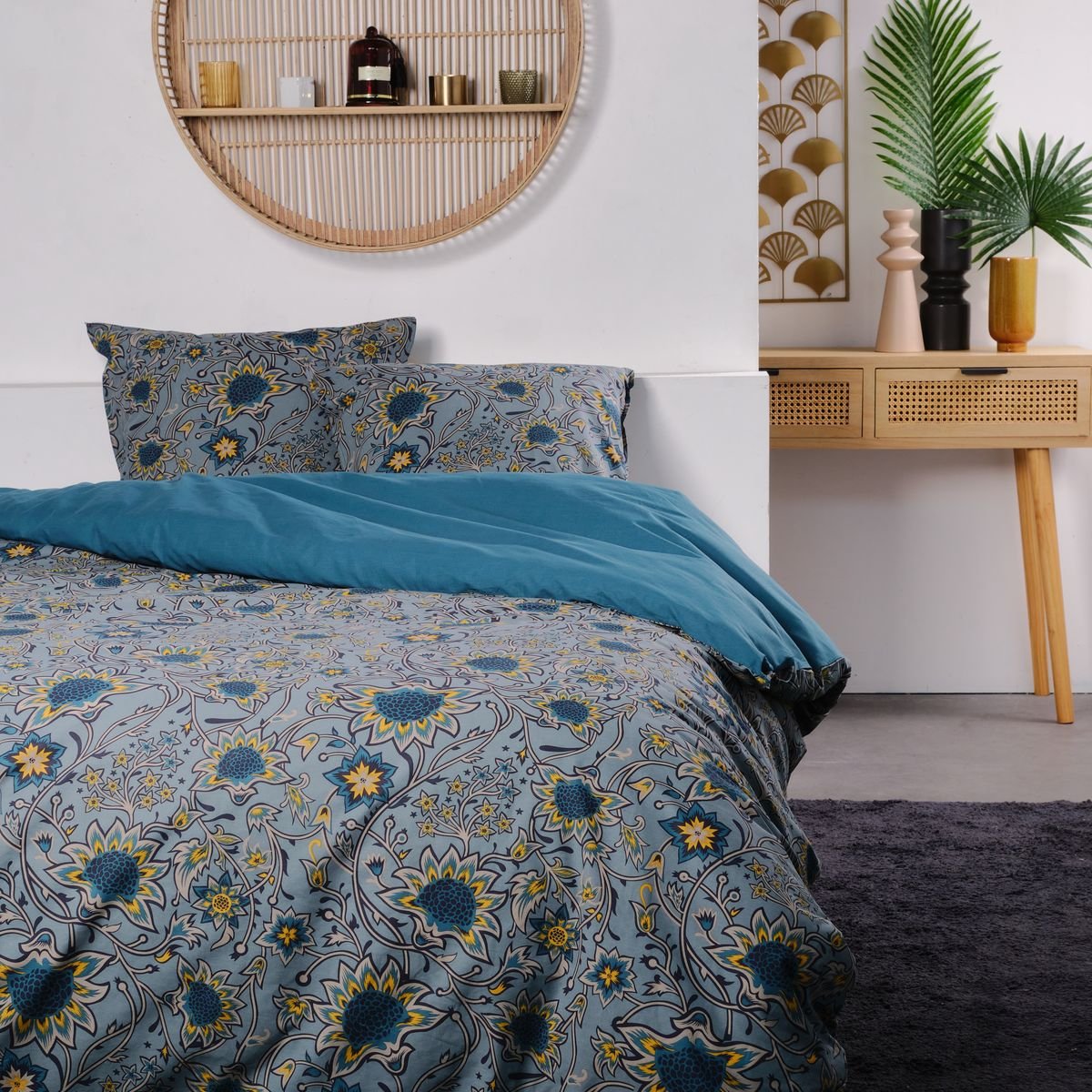 Parure de lit imprimé floral coton SUNSHINE ROMY bleu, TODAY
