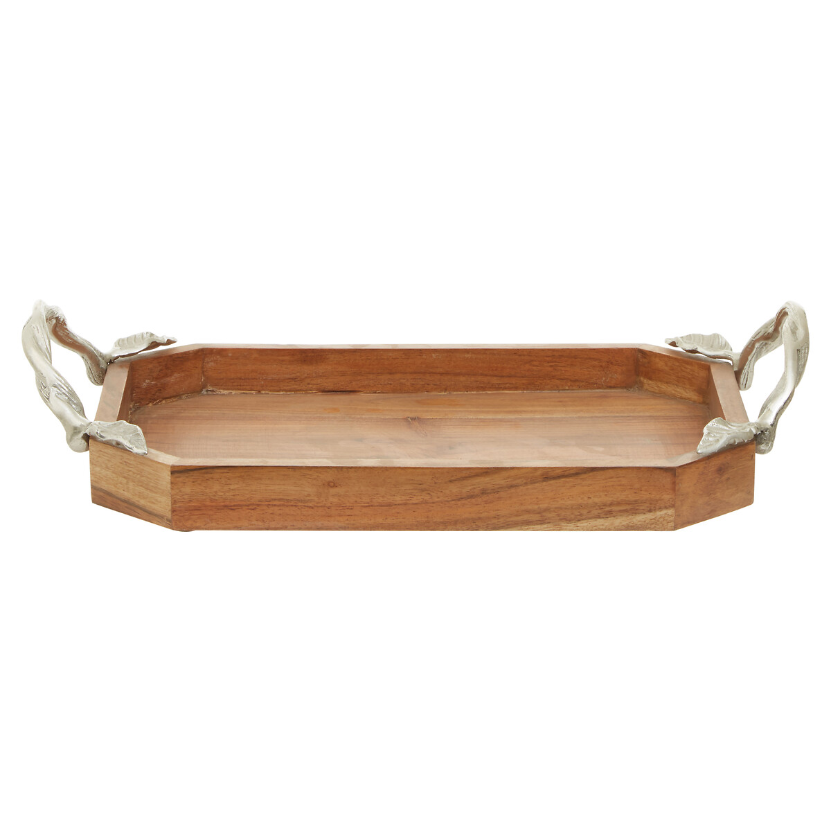 Acacia Wood Tray with Aluminium Leaf Handle brown, SO'HOME