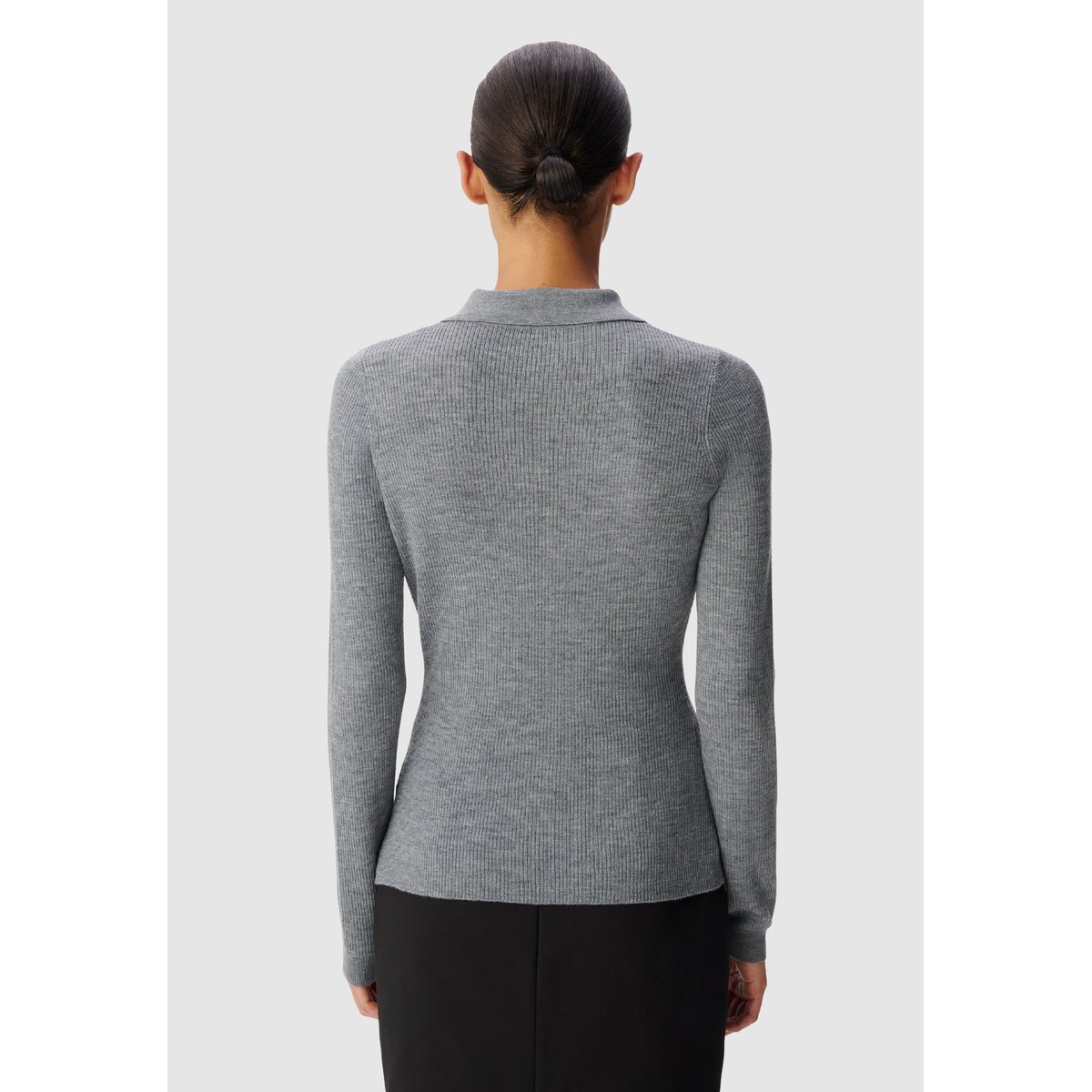 Pull tricot côtelé col polo boutonné gris, IKKS