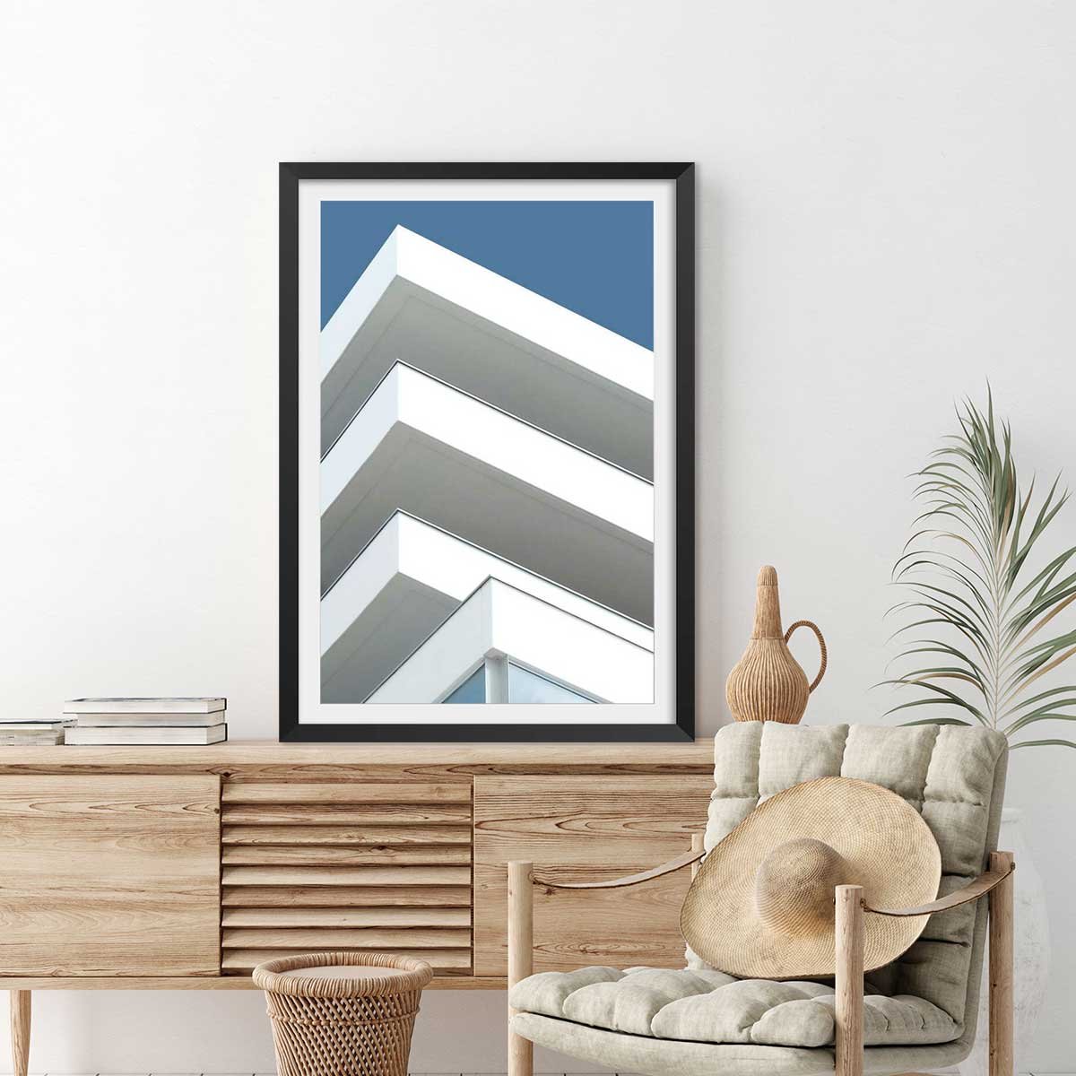 Affiche architecture urbaine balcons sur angle affiche + cadre en bois - noir, HEXOA