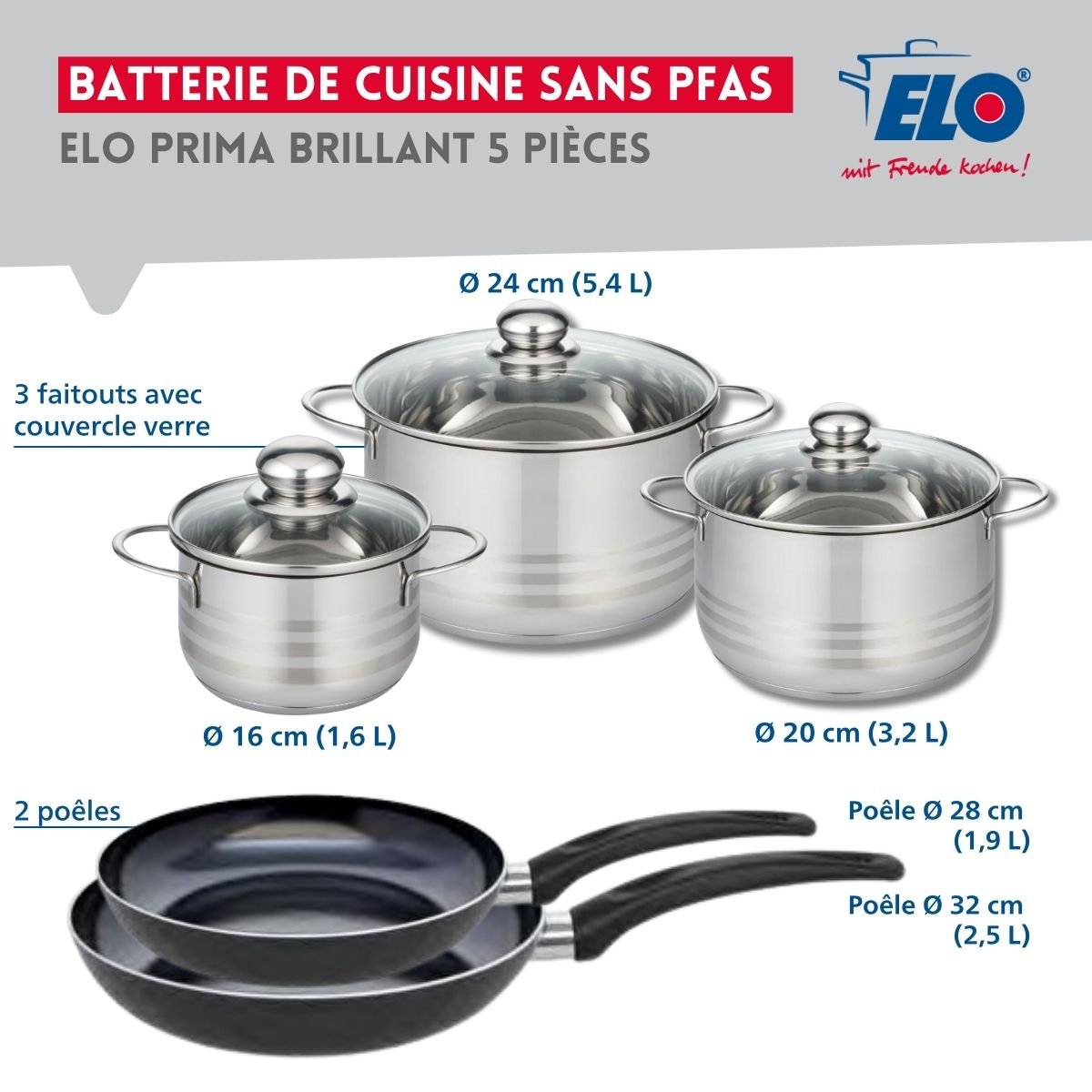 Batterie 2 poêles 28/32cm + 3 faitouts 16/20/24cm PRIMA BRILLANT noir, ELO
