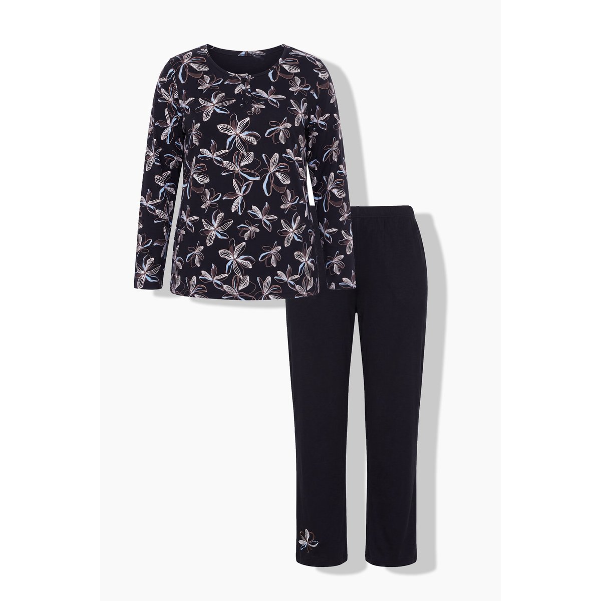 Pyjama motif floral, col Henley noir, ULLA POPKEN