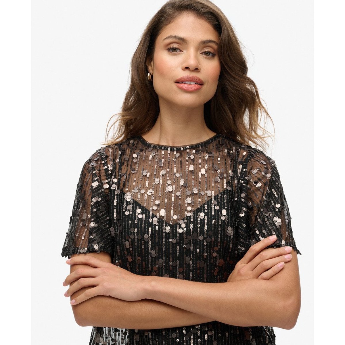 Haut transparent à manches courtes et sequins gris poussière stadium, SUPERDRY