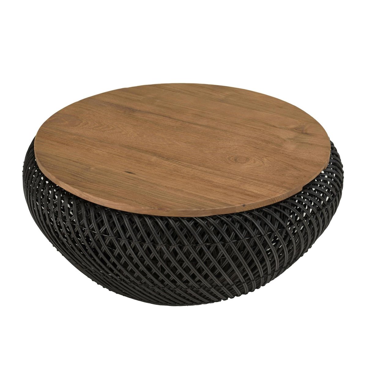 Table basse coffre ronde rotin noir et teck recyclé 66 cm SWING noir, PIER IMPORT
