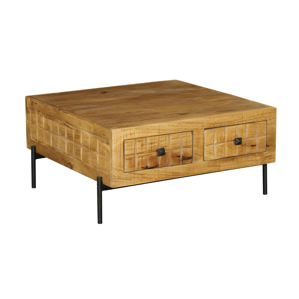 Table basse carrée en bois 4 tiroirs décor damier UDA bois naturel, PIER IMPORT