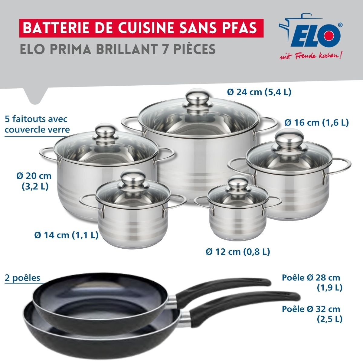 2 poêles 28/32cm + 5 faitouts 12/14/16/20/24cm PRIMA BRILLANT noir, ELO
