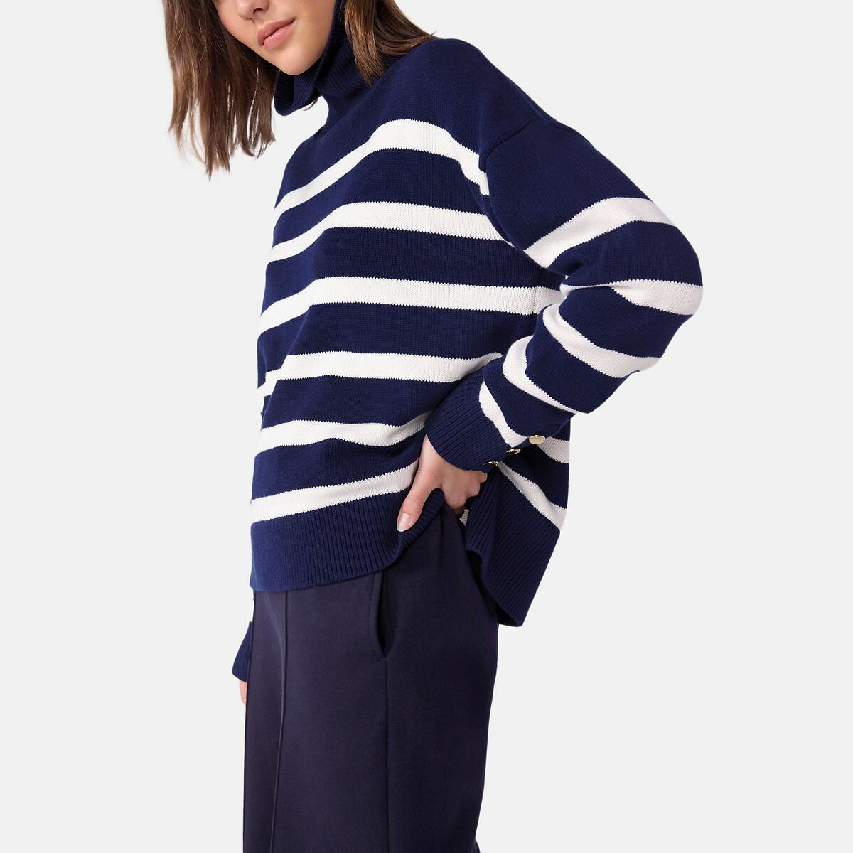 Chunky Knit Turtleneck Jumper navy striped/white, PETIT BATEAU