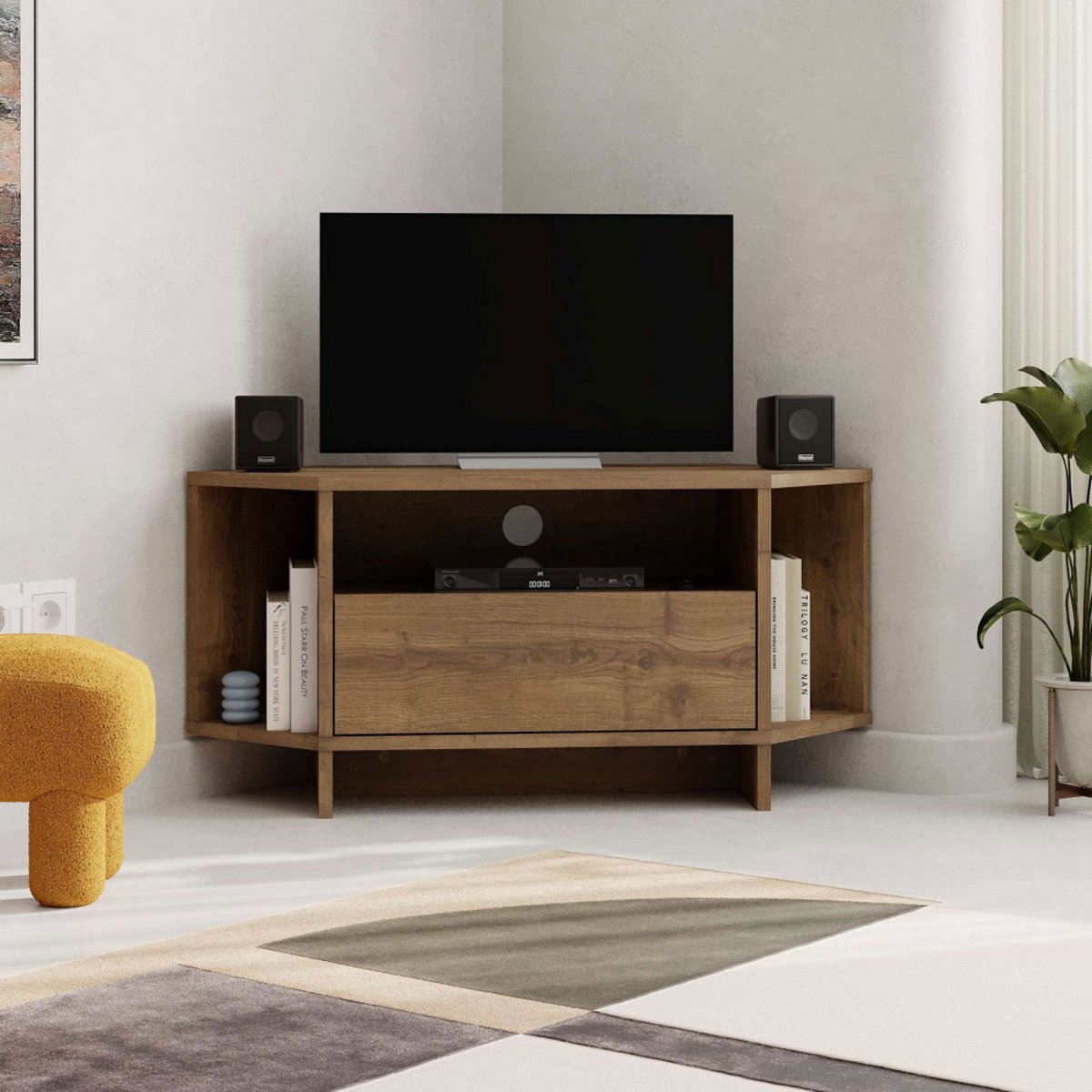 Meuble TV d'angle 1 porte en bois L95,7cm- CANO bois foncé, DRAWER