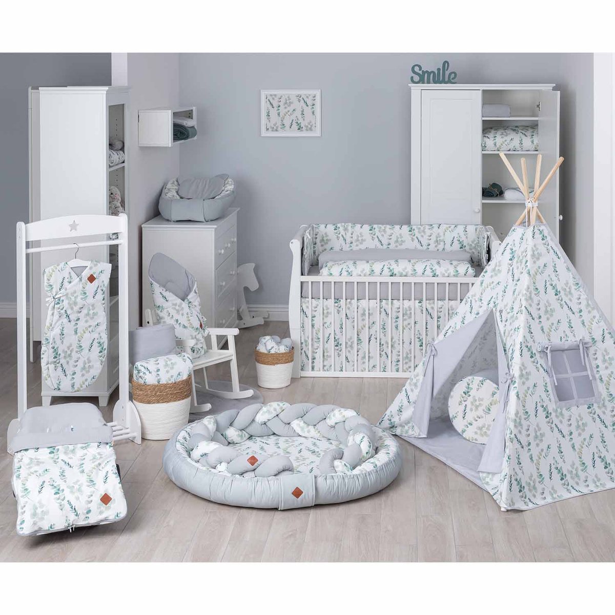 Parure de lit réversible en gaze de coton EUCALYPTUS eucalyptus, vert, gris, SEVIRA KIDS