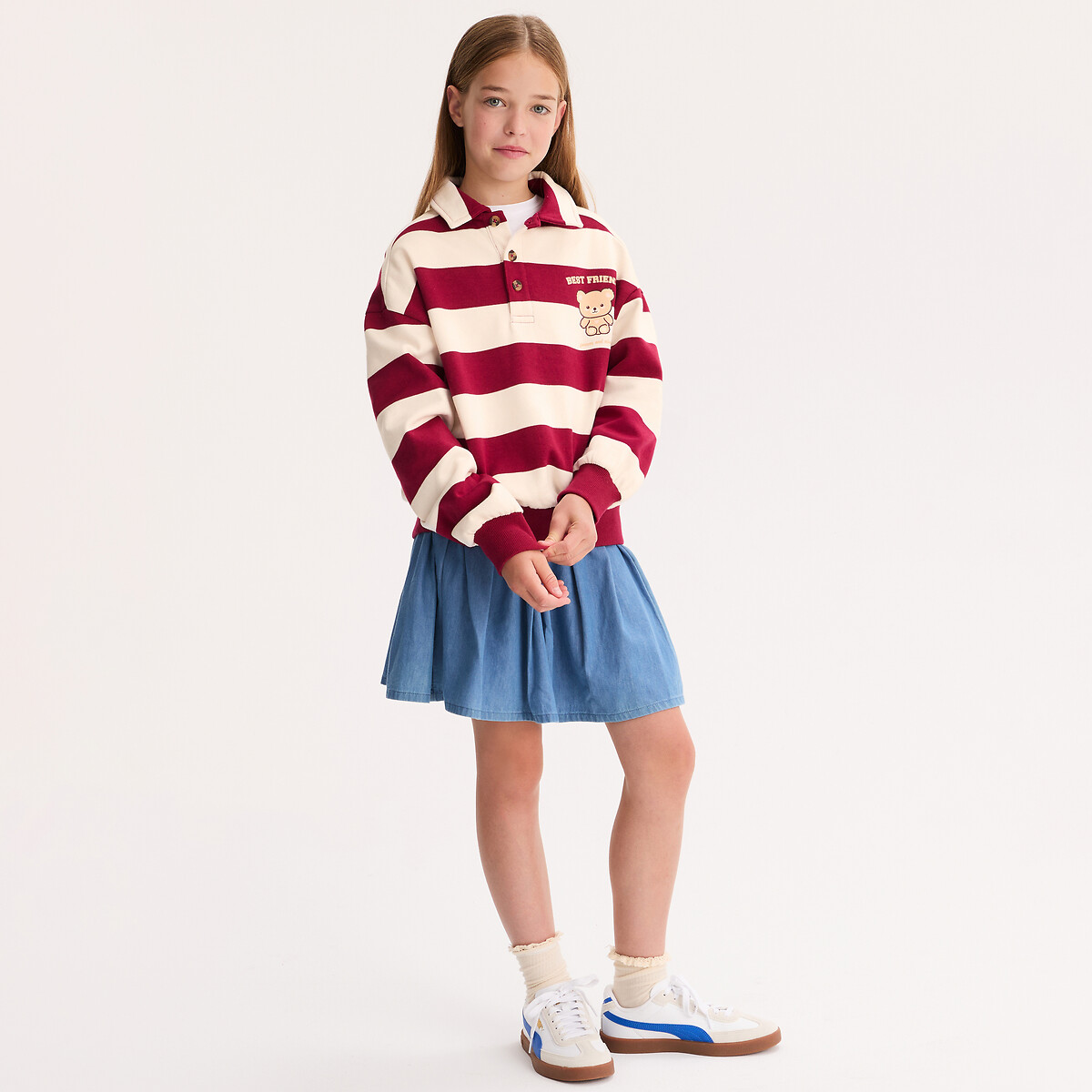 Sweat rayé avec col polo rayé bordeaux, LA REDOUTE COLLECTIONS