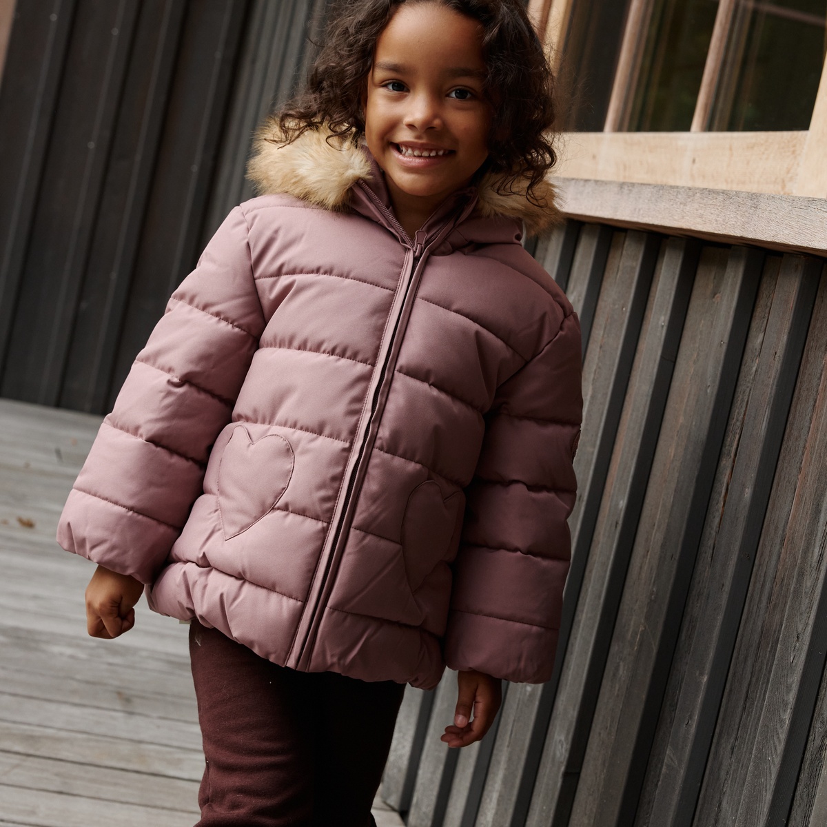 Doudoune enfant imperméable doublée sherpa avec capuche Chloé rose, PETIT BEGUIN