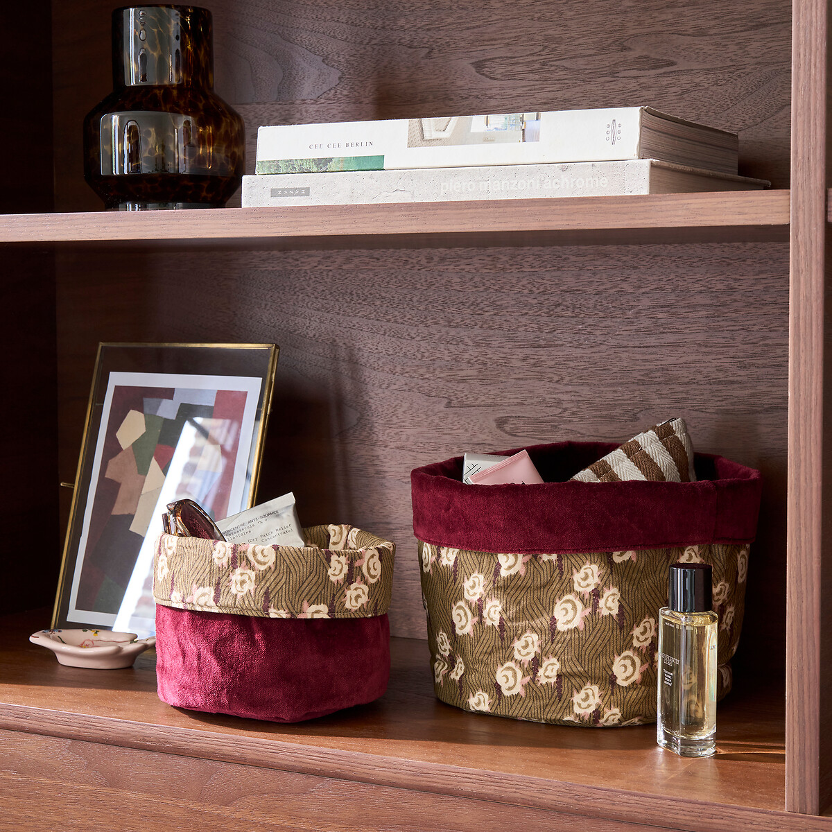 Set di 2 cestini reversibili in cotone, DESTELLO fantasia bordeaux, LA REDOUTE INTERIEURS