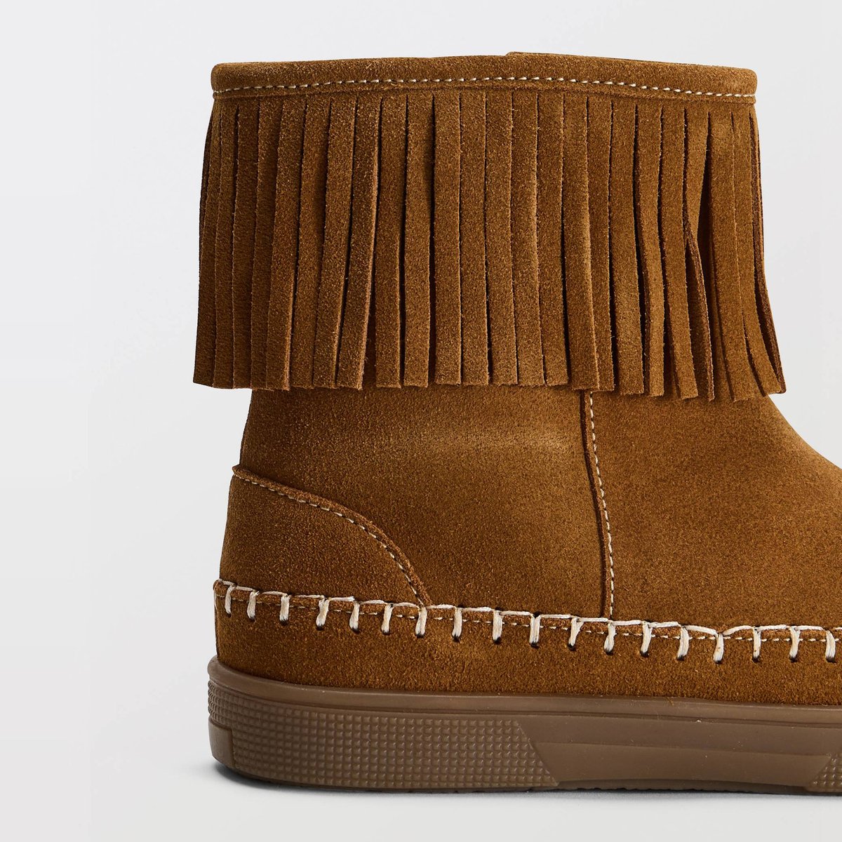 Bottines fourrées à franges en cuir responsable tan access, MONOPRIX