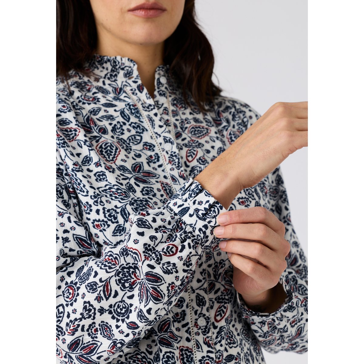 Chemisier pure viscose col volanté blanc ecru fleuri, DAMART