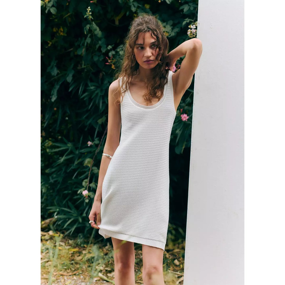 Robe en coton maille à bretelles blanc, MANGO TEEN