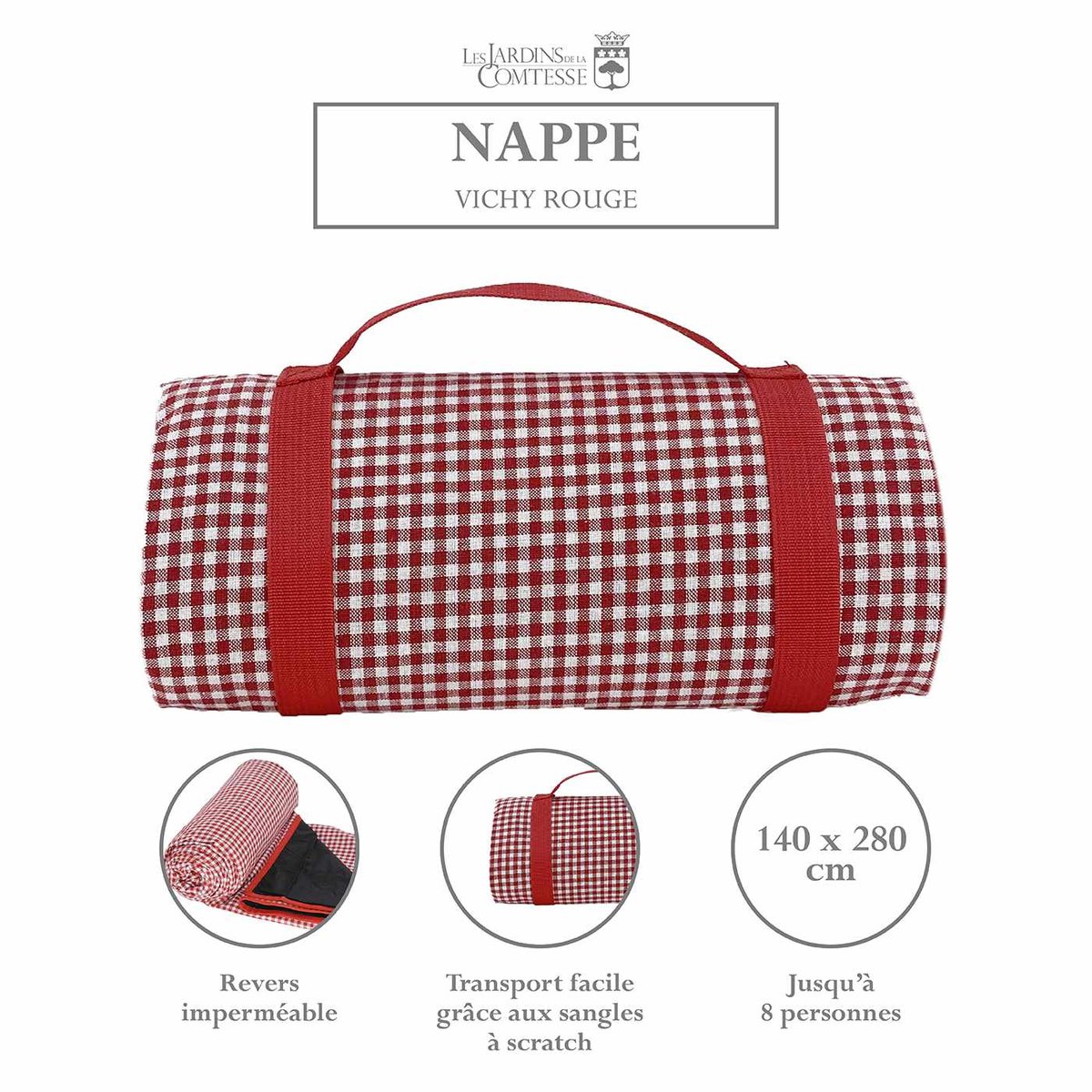 Nappe pique-nique à revers imperméable vichy rouge, LES JARDINS DE LA COMTESSE