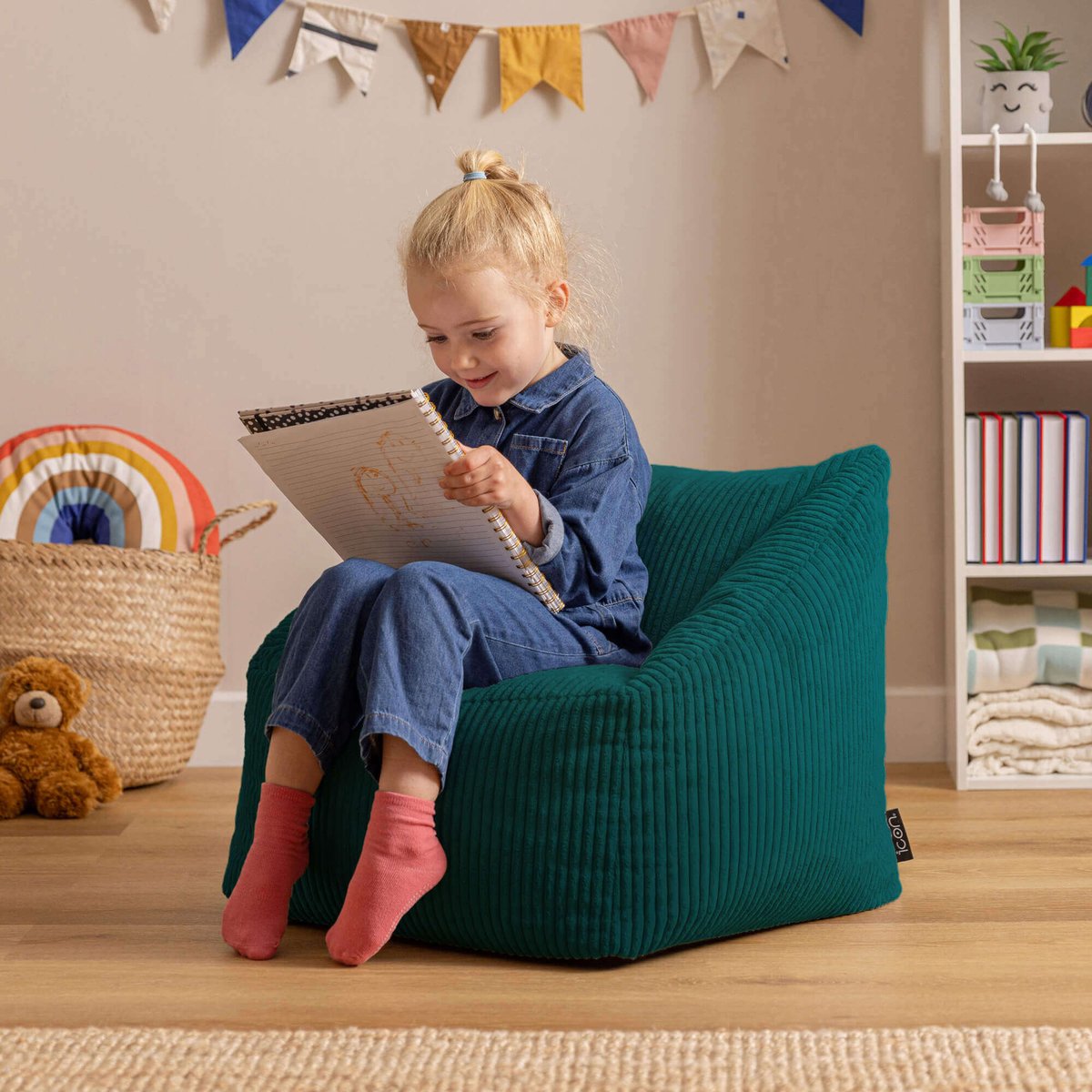 Pouf fauteuil enfant en velours côtelé Oeko-Tex® - NATALIA bleu canard, ICON
