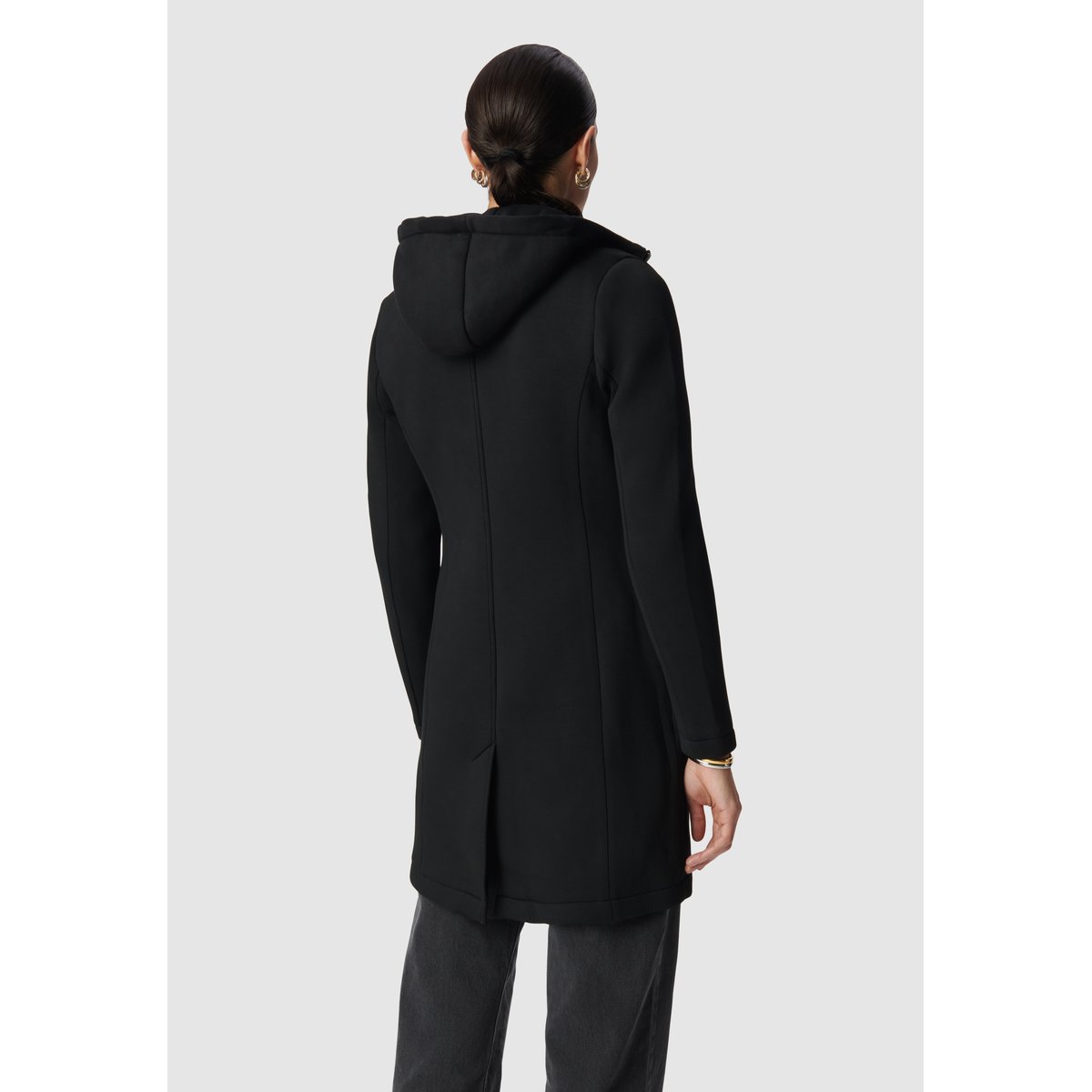 Manteau mi-long en néoprène capuche amovible noir, IKKS