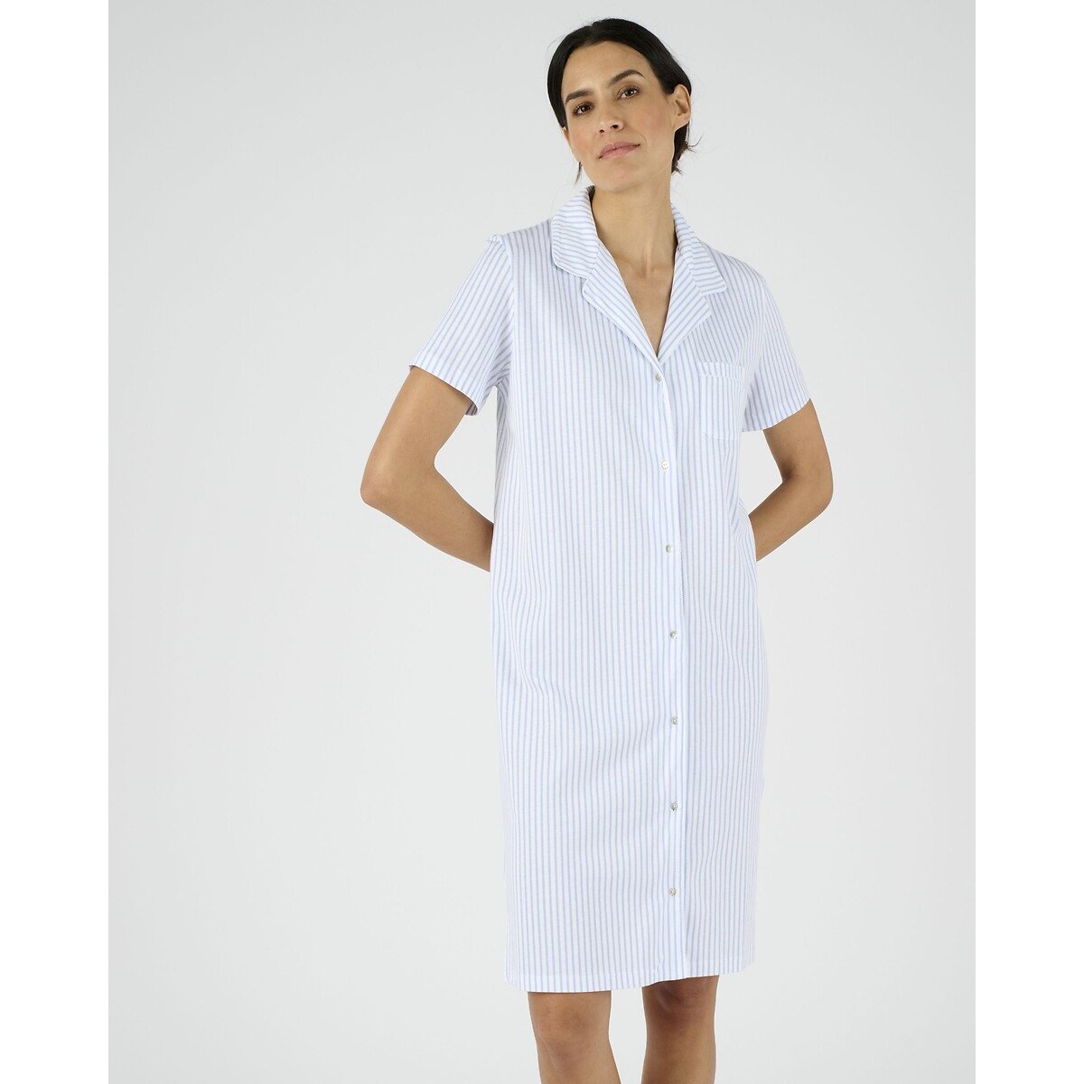 Chemise de nuit, manches courtes, en coton bleu rayé, DAMART