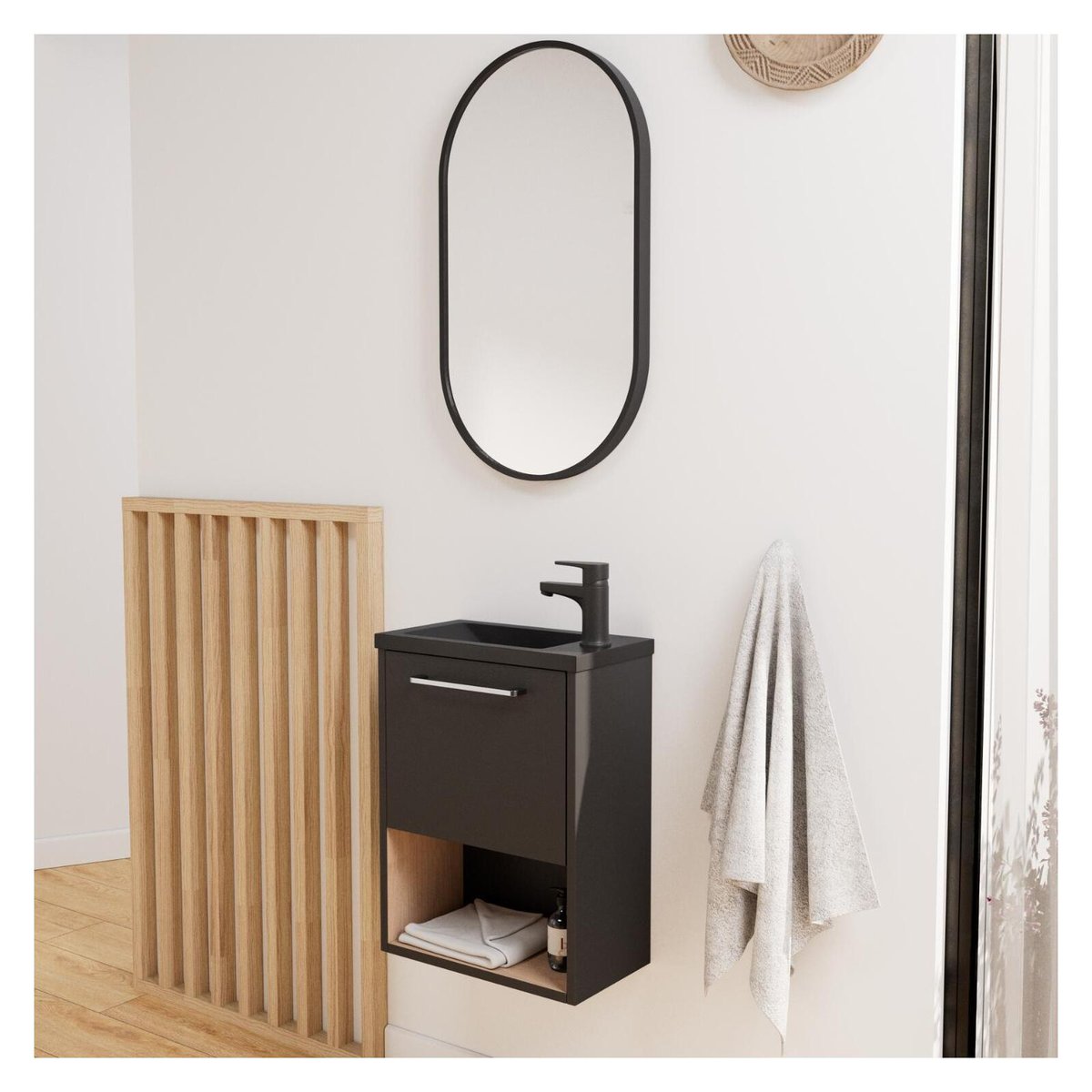Ensemble lave-mains avec niche et miroir ovale NIKA noir et chêne, MOB IN