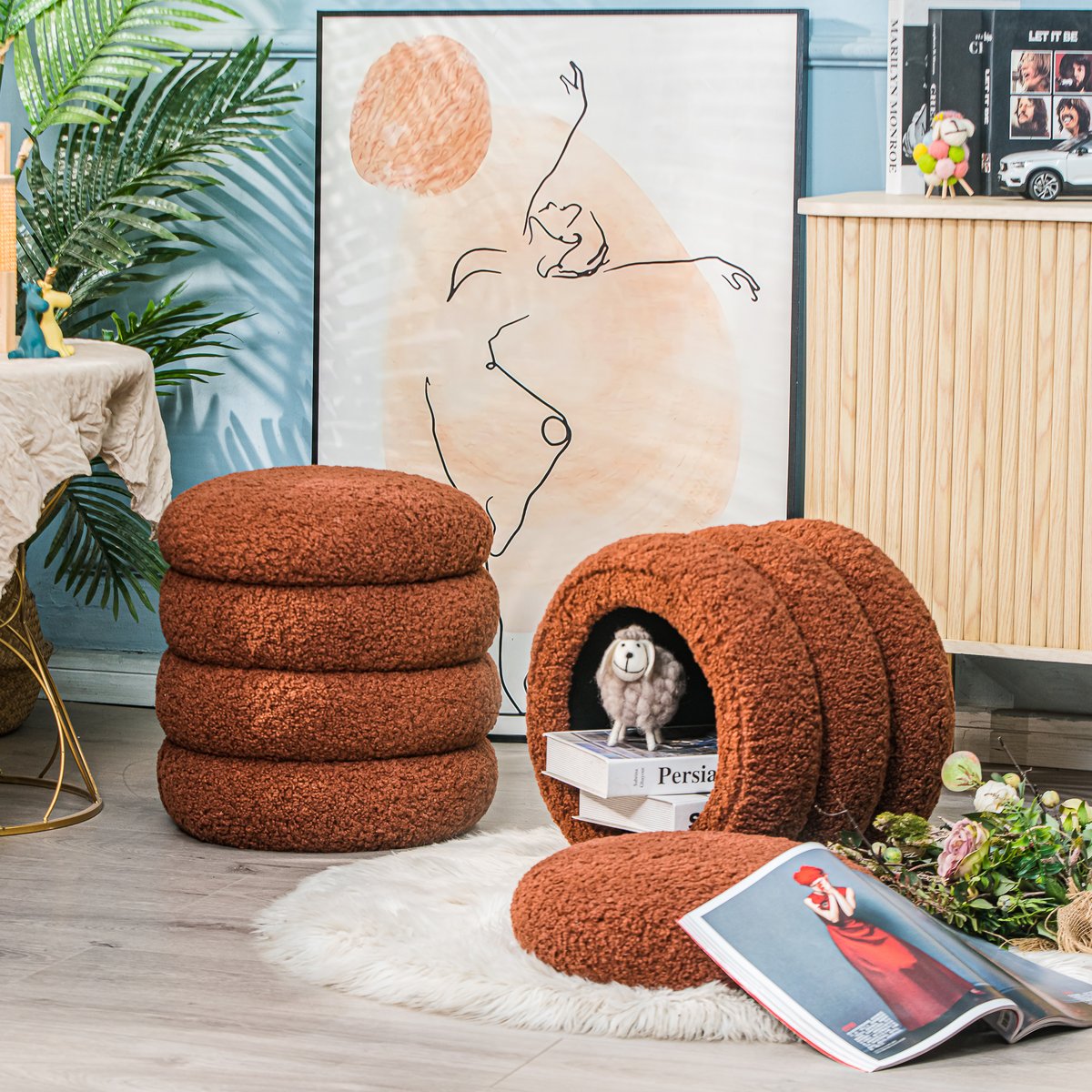 Pouf bouclette avec rangement, FLOKKE terracotta, NORDLYS