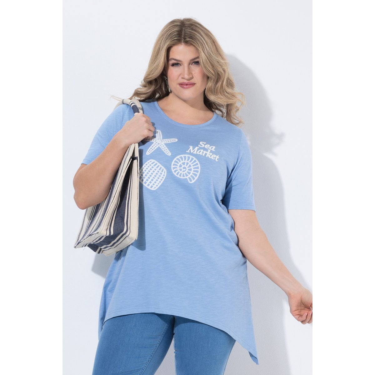 T-shirt en coton bio, motif Sea Market bleu pigeon, ULLA POPKEN