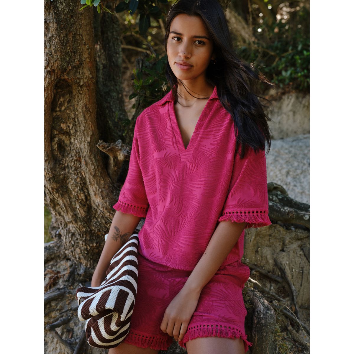Short d’été en éponge jacquard avec franges rose magenta, NEXT
