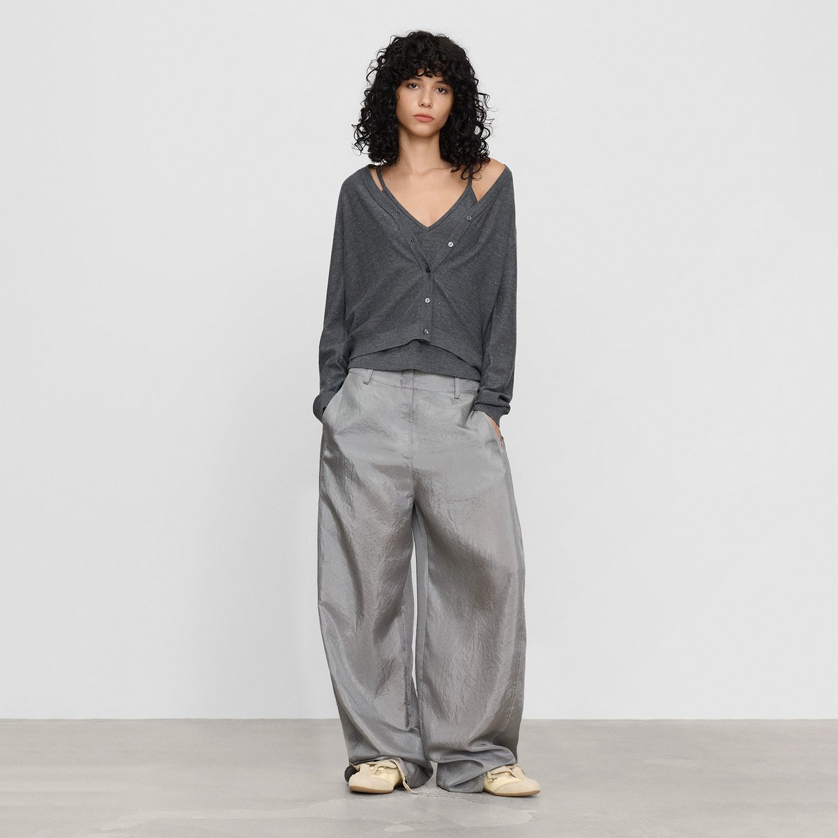 Cardigan en laine mérinos à micro-paillettes anthracite, ADOLFO DOMINGUEZ