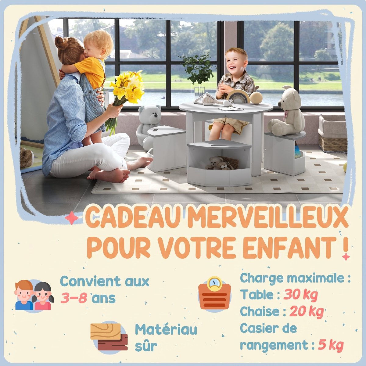Ensemble table et chaises pour enfants MDF couleur unique, AIYAPLAY