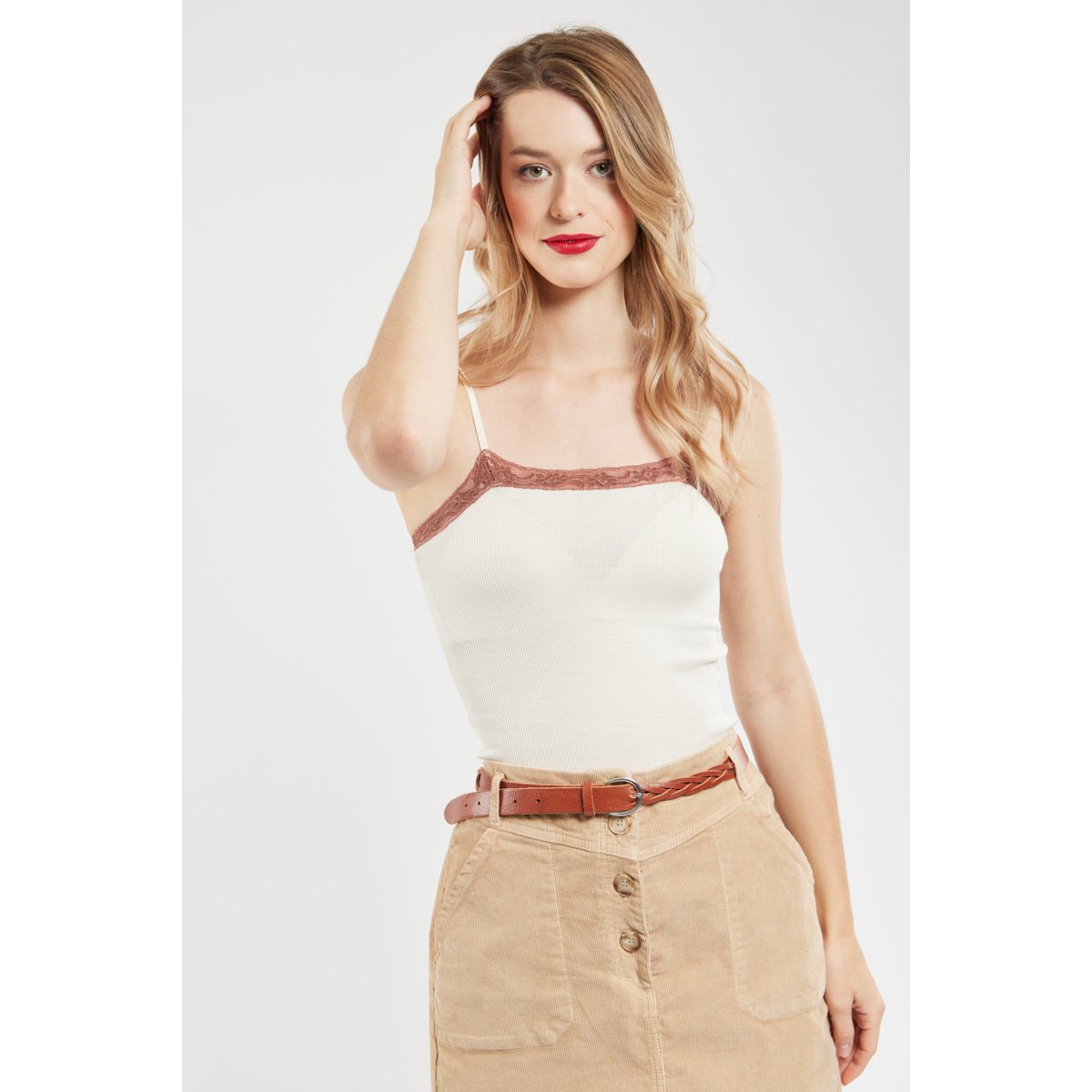 Caraco col dentelle en laine et soie naturel/terre, ARMOR-LUX