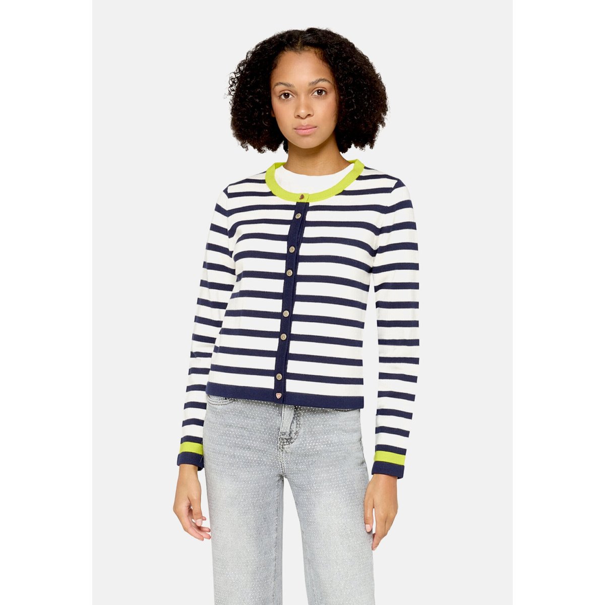 Cardigan en fine maille à encolure ronde bleu/blanc, CARTOON