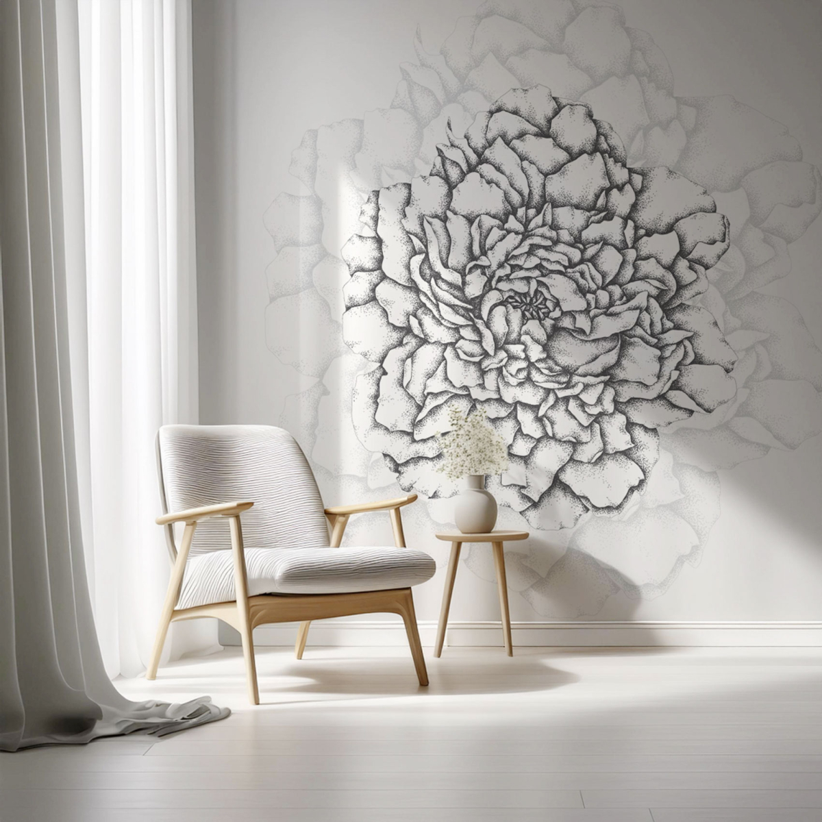 Papier peint panoramique Cœur de pivoines, Jaune 150 x 250cm noir, ACTE DECO
