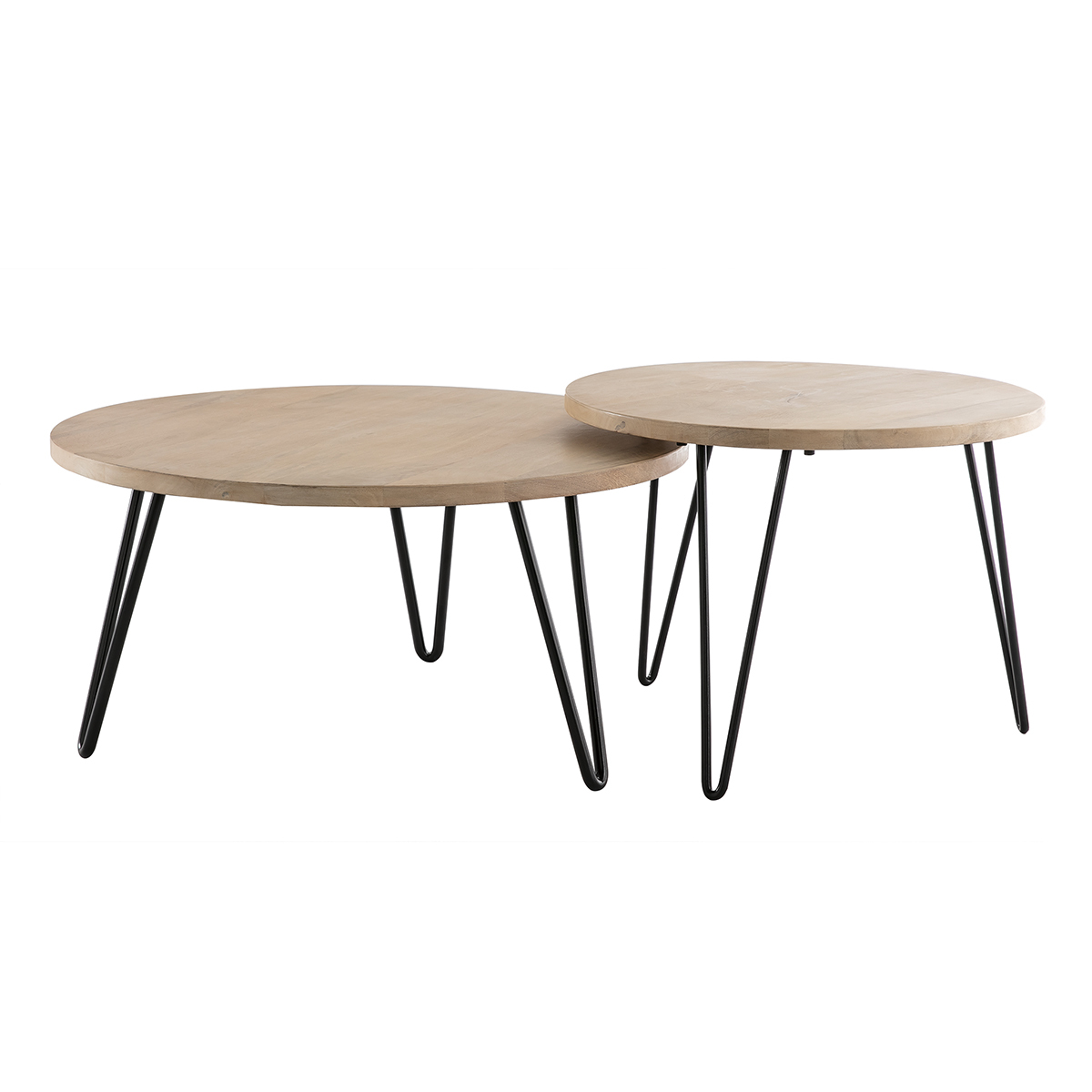 Tables basses gigognes rondes bois manguier massif et métal noir (lot de 2) VIBES bois clair / noir, MILIBOO