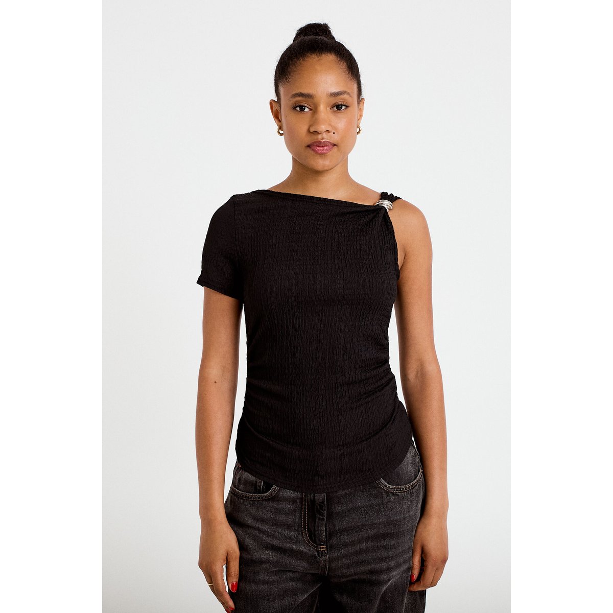 Top one shoulder plissé manches courtes noir, CACHE CACHE