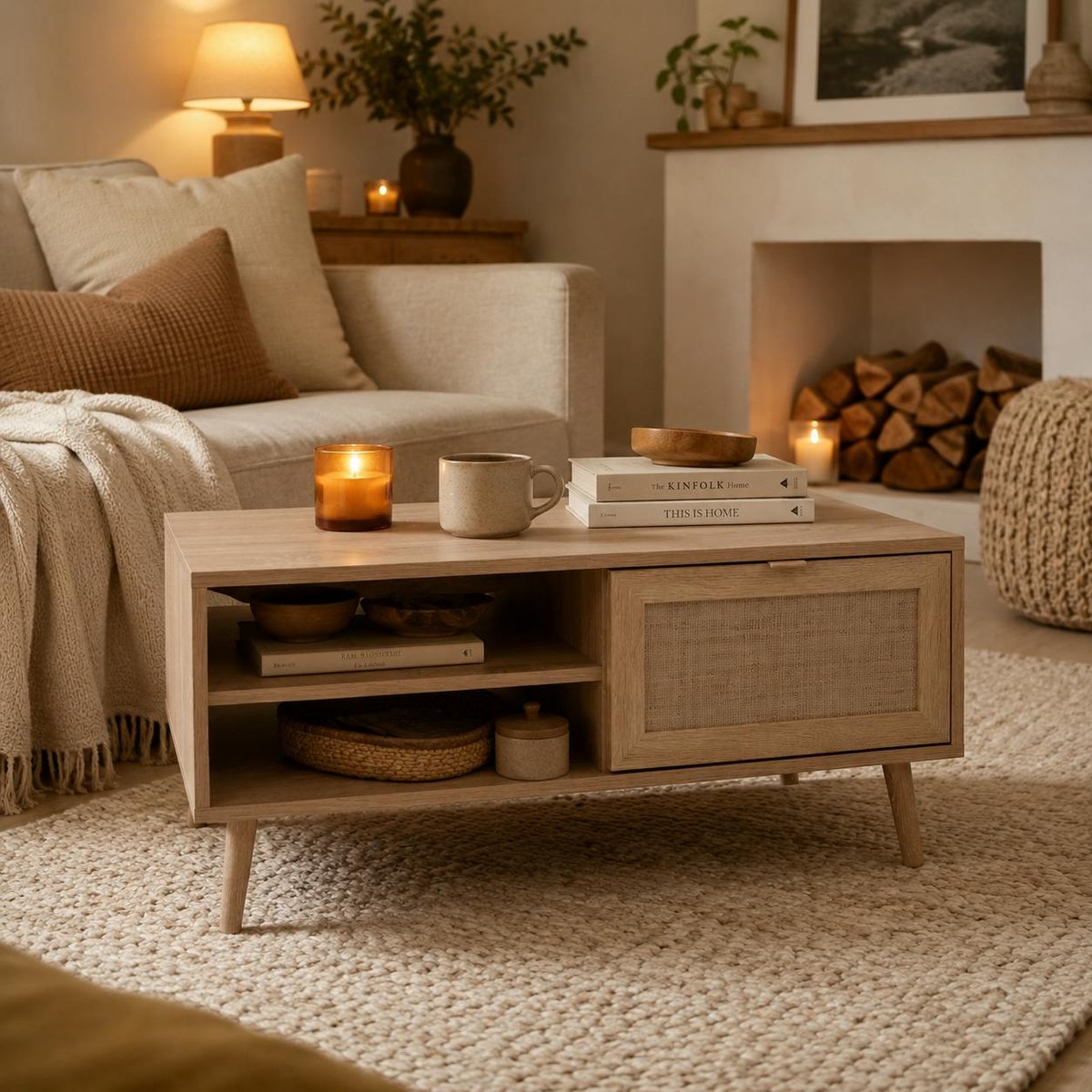 Table basse bohème 1 porte 2 niches SONA bois naturel, PIER IMPORT