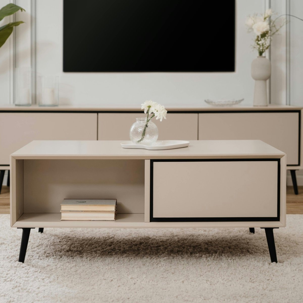 Table basse moderne taupe 2 tiroirs 2 niches AVIO beige, PIER IMPORT