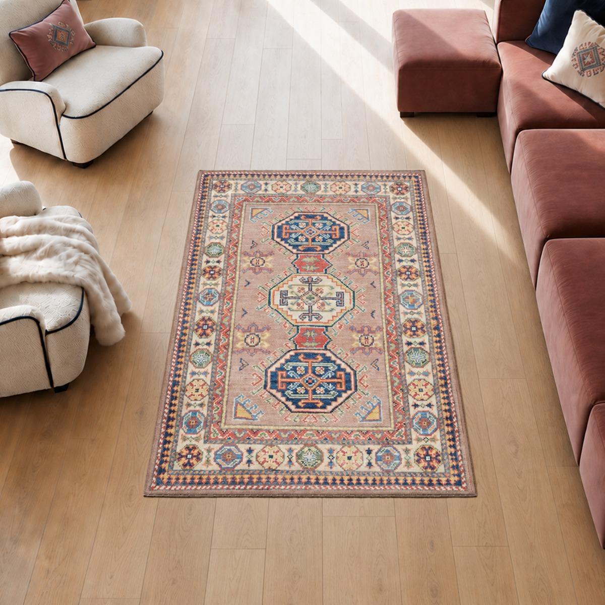 Tapis d'orient géométrique, noué main en laine, KAZAK CO 51 rose, bleu, crème, UN AMOUR DE TAPIS