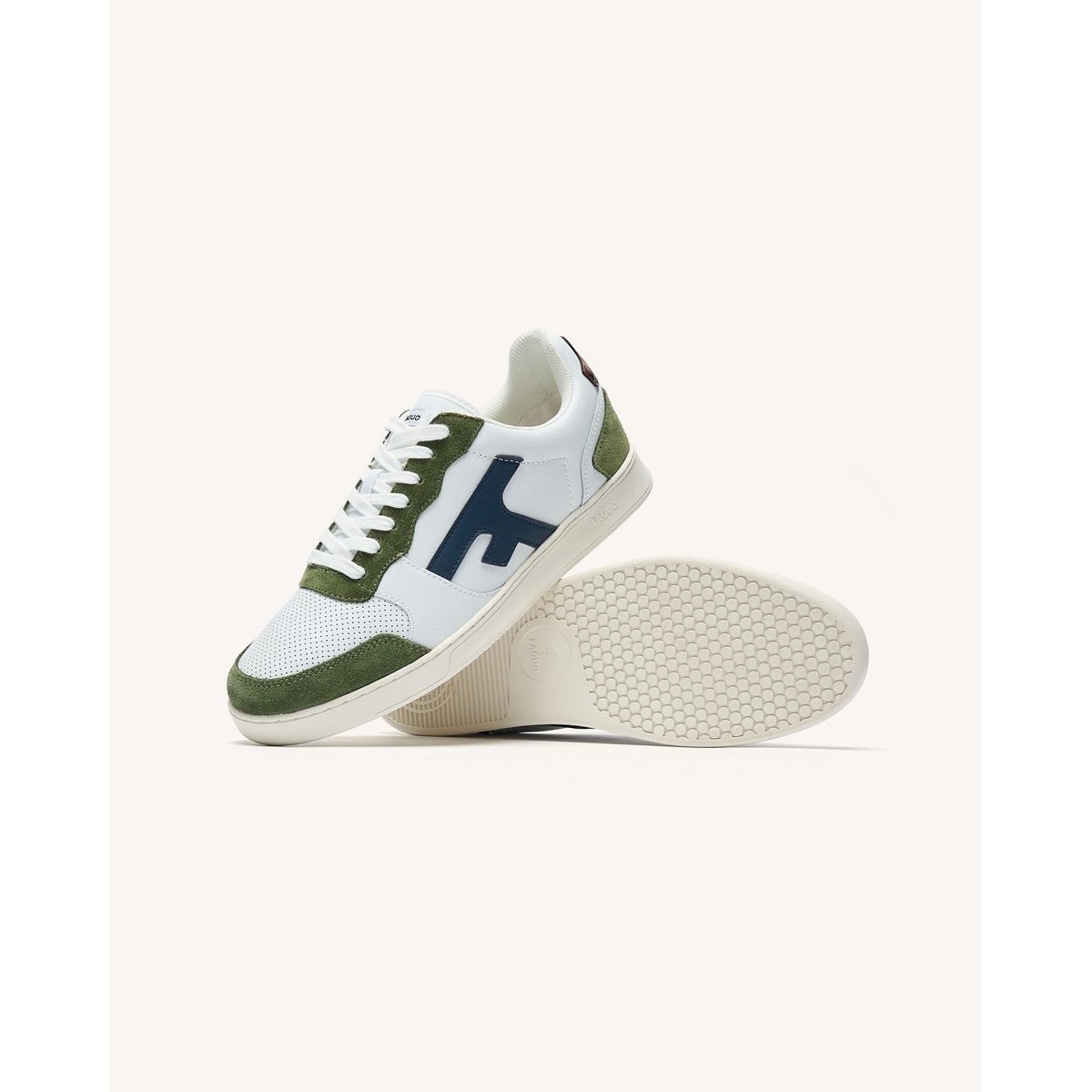 Baskets basses cuir suede HAZEL blanc et kaki, FAGUO