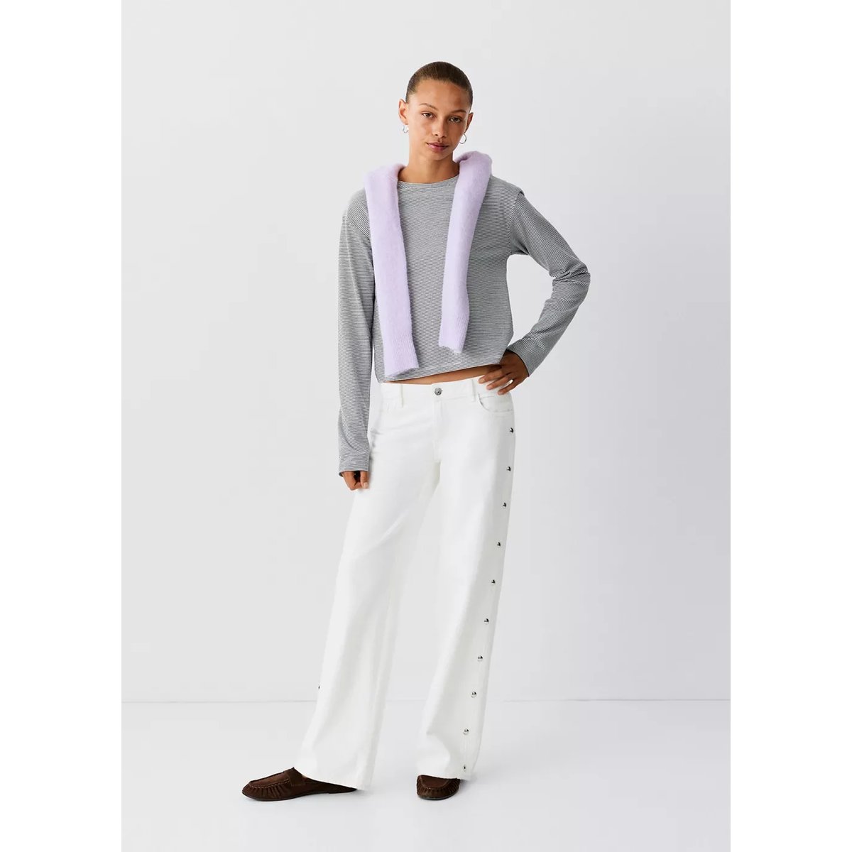 Jean taille basse à clous blanc cassé, MANGO TEEN